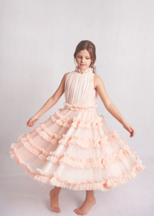 High Neck Peach Tulle Ruffled Twirl Flower Girl Dress